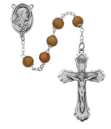 7mm olive wood beads with sterling silver crucifix and center.  Deluxe gift boxed.