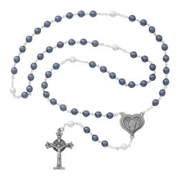 Blue and Pearl like  Glass Lourdes Water Rosary Boxed