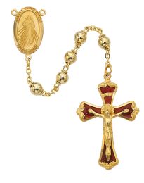 6mm gold plated beads with gold plated sterling Divine Mercy center and red enameled crucifix. Deluxe gift boxed.