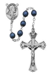 7mm blue metallic glass beads with pewter center and crucifix. Deluxe gift boxed.