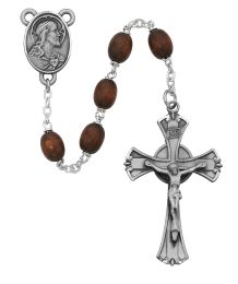 6x8mm brown wood beads with pewter center and crucifix. Deluxe gift boxed.