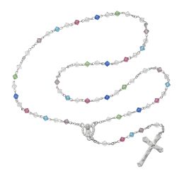 5mm multi color Swarovski beads with rhodium plated pewter crucifix and center. Deluxe gift boxed.