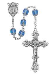 Blue Glass Capped Rosary Boxed