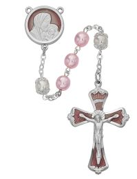 Mother and Child Pink Pearl like  Glass Rosary Boxed