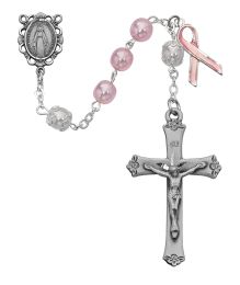 7mm pink and white glass beads, enameled cancer ribbon with pewter center and crucifix.  Gift boxed.