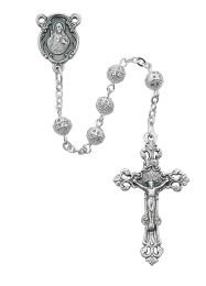 6mm rhodium plated filigree beads with silver oxidized center and crucifix.  Deluxe gift boxed.