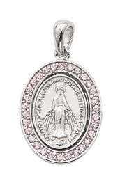 Sterling Silver Miraculous with Pink Glass Stones and 18 in Rhodium Plated Brass Chain and Deluxe Gift Box
