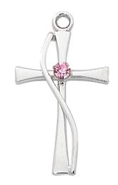 Sterling Silver Cross with pink glass stone on 18in rhodium plated brass chain and deluxe gift box