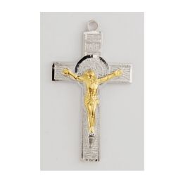 Sterling with Gold Benedict crucifix on 18 in rhodium plated brass chain boxed.