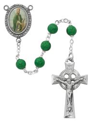 7mm green glass beads with pewter Celtic crucifix and St Patrick decal center.  Gift Boxed.