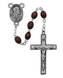 4x6mm brown wood beads with pewter center and crucifix.  Deluxe gift boxed.