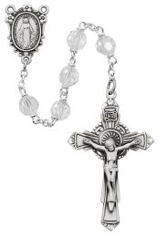 7mm tin cut crystal beads with sterling silver crucifix and center. Deluxe gift boxed.