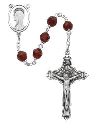7mm dark red tin cut crystal beads with sterling center and crucifix.  Deluxe gift boxed