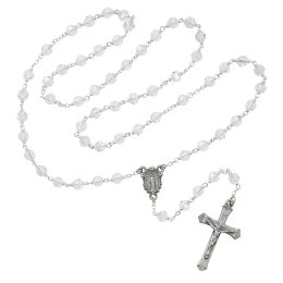 7mm genuine tin cut crystal beads with pewter crucifix and center. Deluxe gift boxed.