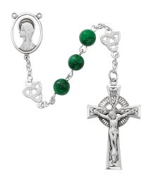 8mm imitation jade beads with silver oxidized crucifix and center.  Celtic knot Our Father beads. Deluxe gift boxed.