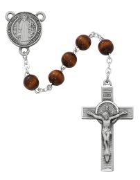 7mm brown round wood beads with pewter St Benedict center and crucifix.  Deluxe gift boxed.