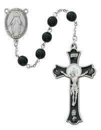 7mm black glass beads with rhodium plated center and black enameled Holy Mass crucifix. Deluxe gift boxed.