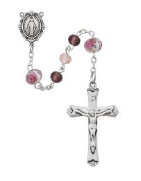 6mm pink multi crystal beads with rhodium plated pewter center and crucifix. Deluxe gift boxed.