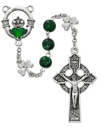 Green Shamrock Claddagh Rosary Boxed