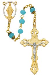 Gold Aqua Glass Rosary Boxed