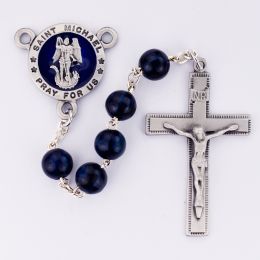 8mm Blue wood beads with a pewter crucifix and St Michael blue epoxy center, boxed